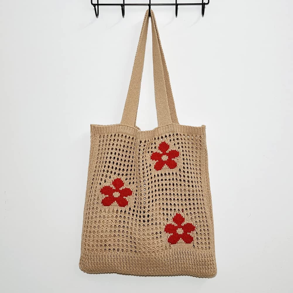 CoCopeaunt Crochet Bags for Women Knitted Tote Bag Faircore Hobo Bag Aesthetic Fairy Grunge Tote Bag Hollow Shoulder Handbags