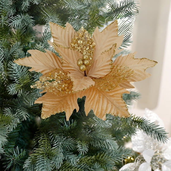 Eespoir Artificial Glit-ter Poinsettia Flowers, Christmas Table Decoration, for Wedding Christmas Tree Year Ornaments Decor, 13.4", Gold