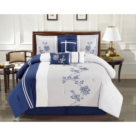 7 Piece Floral Vine Embroidered Navy/Gray Comforter Set King