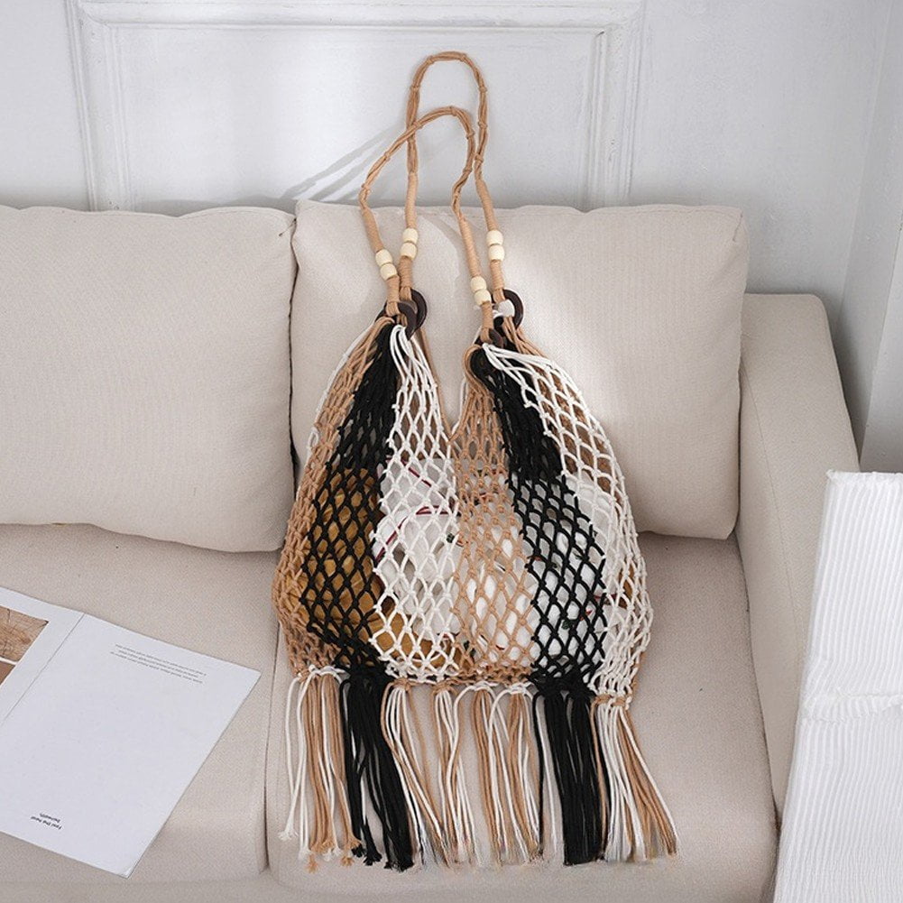 Jiibva Tassel Fishnet Women Shoulder Bags Rope Woven Crochet Tote Bag Lady Handbags Hollow Summer Beach Bag Large Bohemian Bag