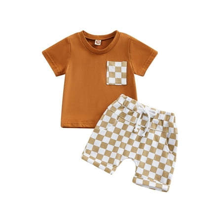 

Baby Boy Girl Summer Outfits Checkered Plaid Short Sleeve T-Shirt Top Shorts Set Trendy Toddler Checkerboard Outfit