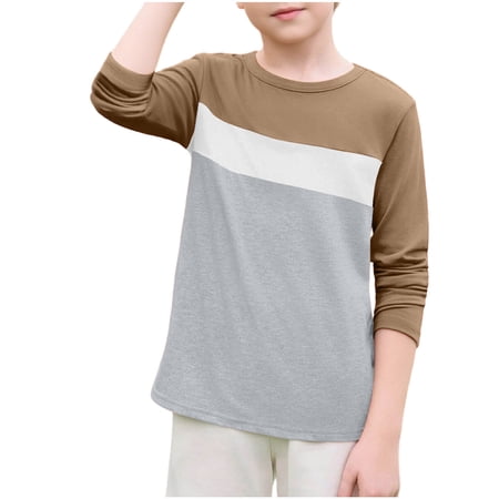 Floleo Unisex Kids Three tone Color Block Crewneck Long Sleeve top Soft Casual Spliced Pullover Blouse for Boys Girls Aged 3-15 Years(Khaki 3-4 Years)