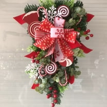 laqbezok Christmas Swag Wreath with Candy Cane Bow, Festive Red and White Ribbons, Greenery with Berries and Cones, Ideal Garlands for Front Door Xmas Holiday Home Decor