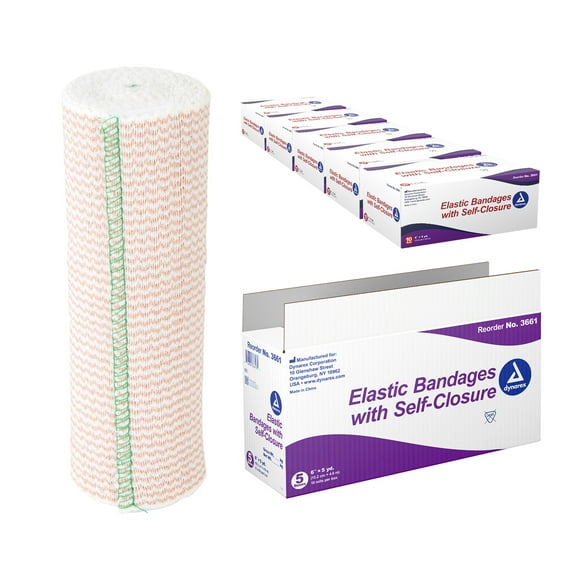 Dynarex Elastic Bandages with Self-Closure, Outstanding Compression and Stretch, Latex-Free Elastic Bandages with Velcro Closure,  6" x 5 yds., 1 Case of 50 Elastic Wrap Bandages (5 Boxes of 10)