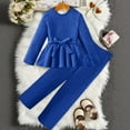 thumbnail image 2 of Pandaie Toddler Girl Fall Winter Clothes Set 2 Piece Long Sleeve Ribbed Knit Tee Wide Leg Pants Outfit Blue 11-12 Years, 2 of 5