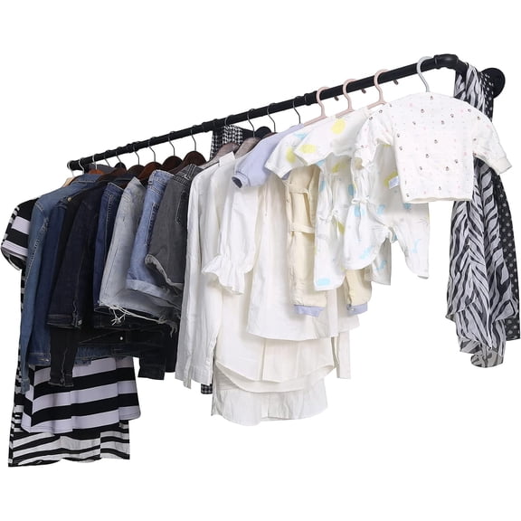 Yeulluey Clothing Rack Wall Mount,72" Industrial Pipe Clothes Rack for Hanging,Heavy Duty Iron Garment Bar,Retail Display Clothes Rod for Closet,Laundry Room,Black