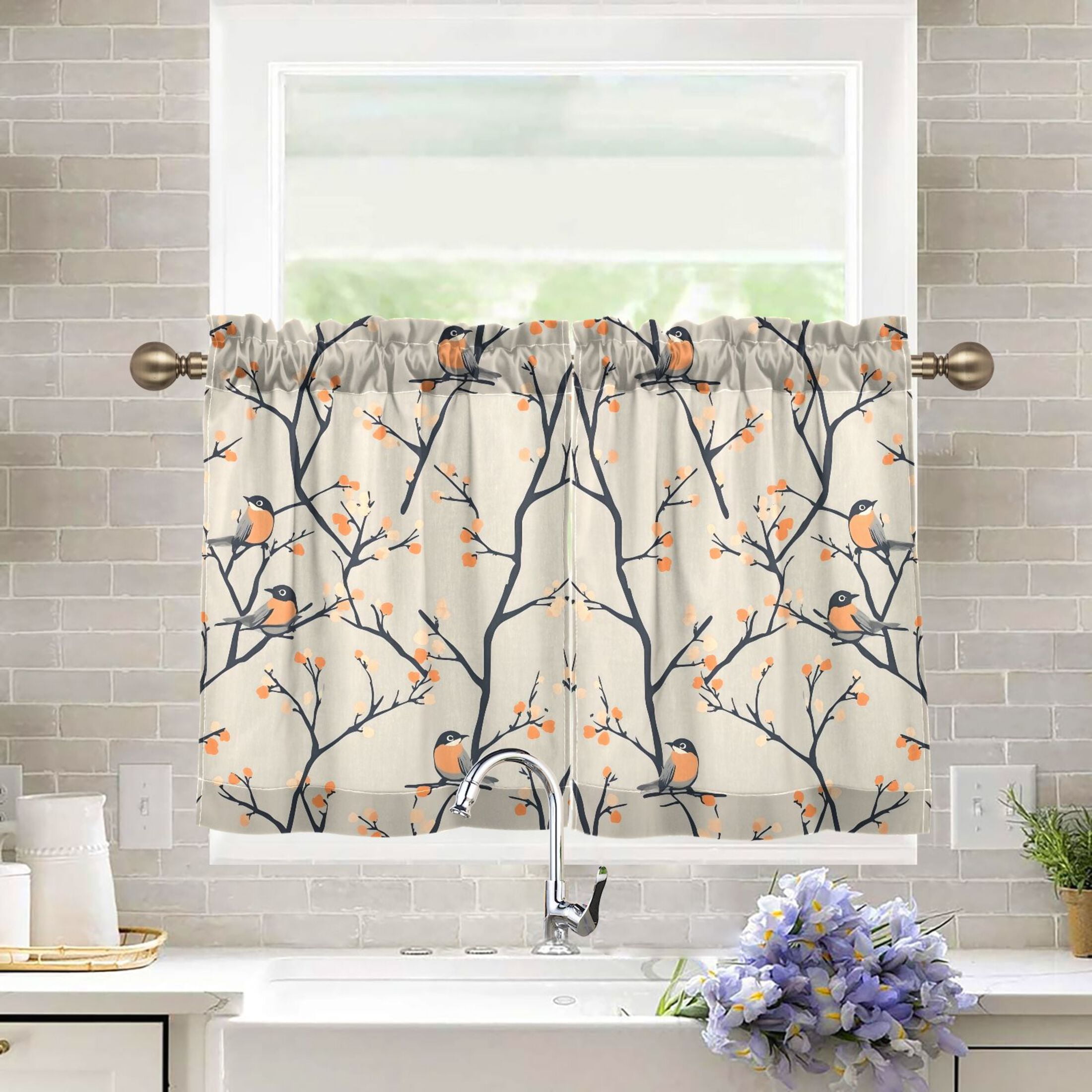 Linen Kitchen Curtains Birds on Branches Pattern Tier Curtains Tier Kitchen Living Room Bedroom Balcony 2 Panels 27x36 Inch