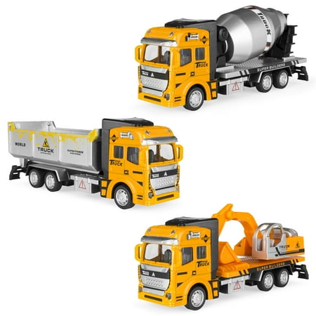 Stacking Construction Set Toy - Best Choice Products 7.5in Set of 3 Friction-Powered Construction Toy Trucks w/ Excavator, Dump Truck, Cement Truck