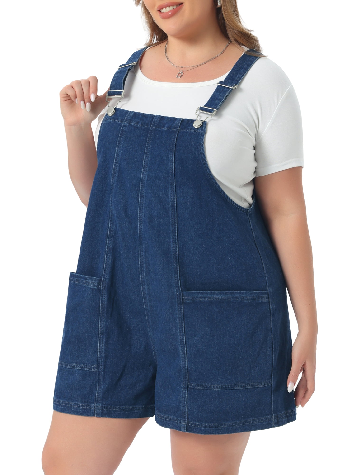 DARING DIVA Women's Plus Overall Shorts with Adjustable Straps and Pockets 1X Dark Blue