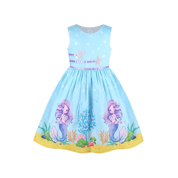 Girls Dress Blue Sea Mermaid Starfish Cartoon Summer Casual Sleeveless 6 Years