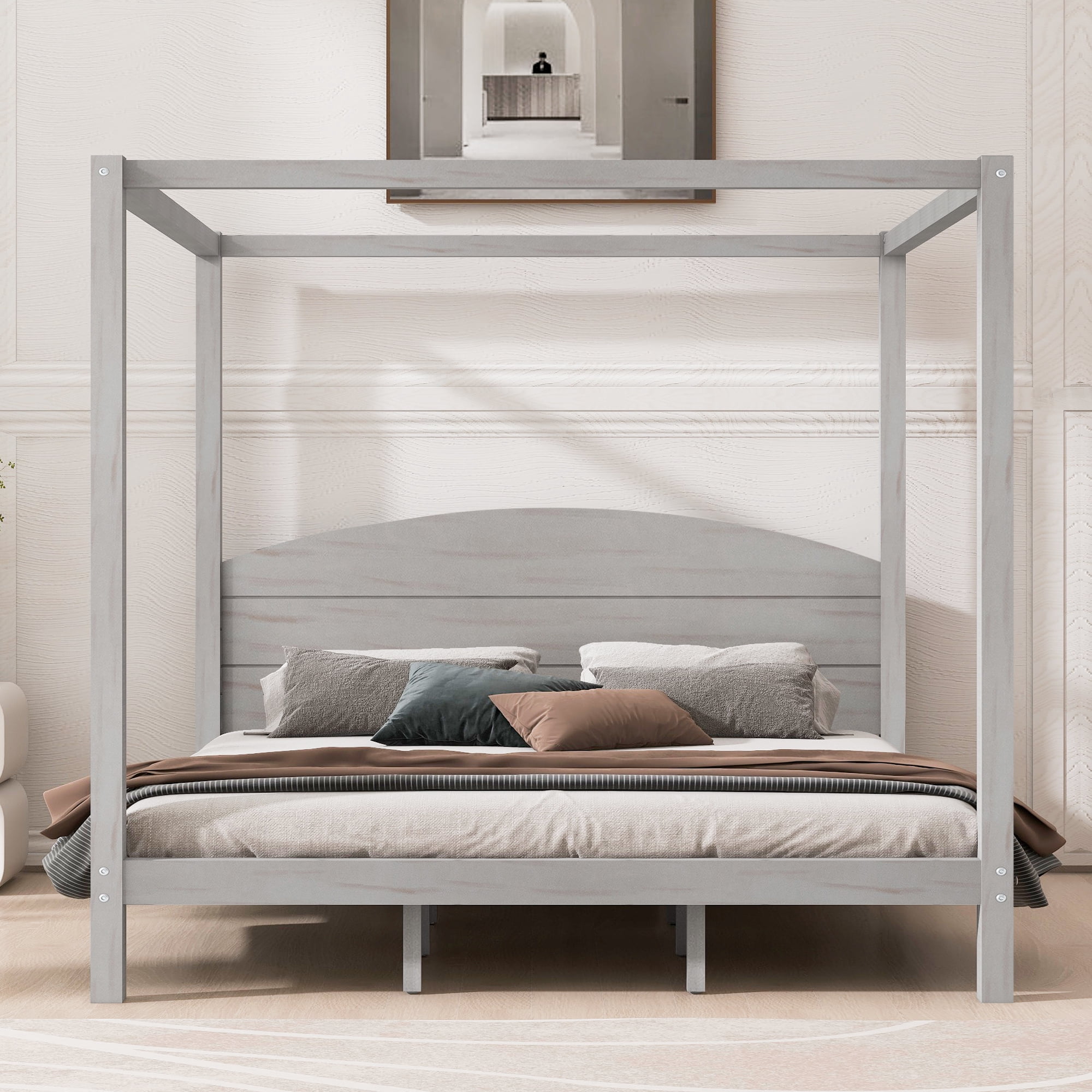 EUROCO Wood King Size Canopy Bed, Solid Wood Platform Bed with Headboard for Kids Teens Adults, Grey Wash