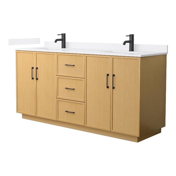 Elan TK 72" Light Oak Double Vanity & White Quartz Top (1-Hole) & Black Trim