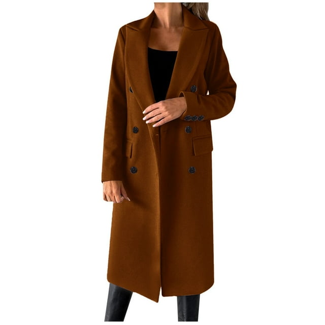 Manteau Caban Double pour Femmes Long Élégant Uni Hiver Mode Léger Transition Col à Revers Veste Décontractée