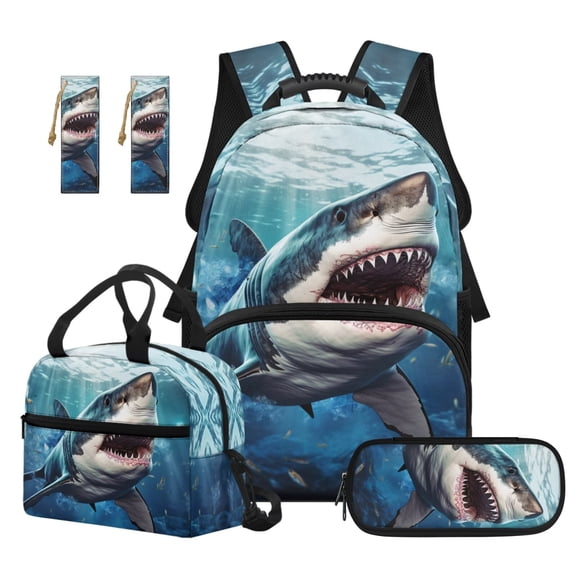 Jeiento Kids Backpack And Lunch Box Set 4 Piece 17 Inch White Shark Water-Resistant Polyester School Supplies for Elementary Boys, Includes Pencil Case, Bookmark