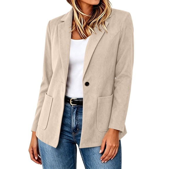 Sevevn Faux Suede Blazer for Women's Lapel Collar One Button Dressy Suit Jacket Beige XL