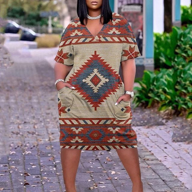 Robes d'Été Style Ethnique Imprimées 3D Femmes Vintage Mode Mode Urbaine Manches Courtes Poches Robe Col en V Longueur Genou Robe Midi