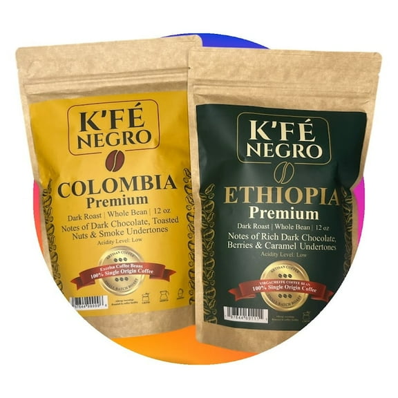K’FE NEGRO DARK ROAST COFFEE BUNDLE - Ethiopia Yirgacheffe   Colombia Excelsa(2 x 12 oz) Whole Bean