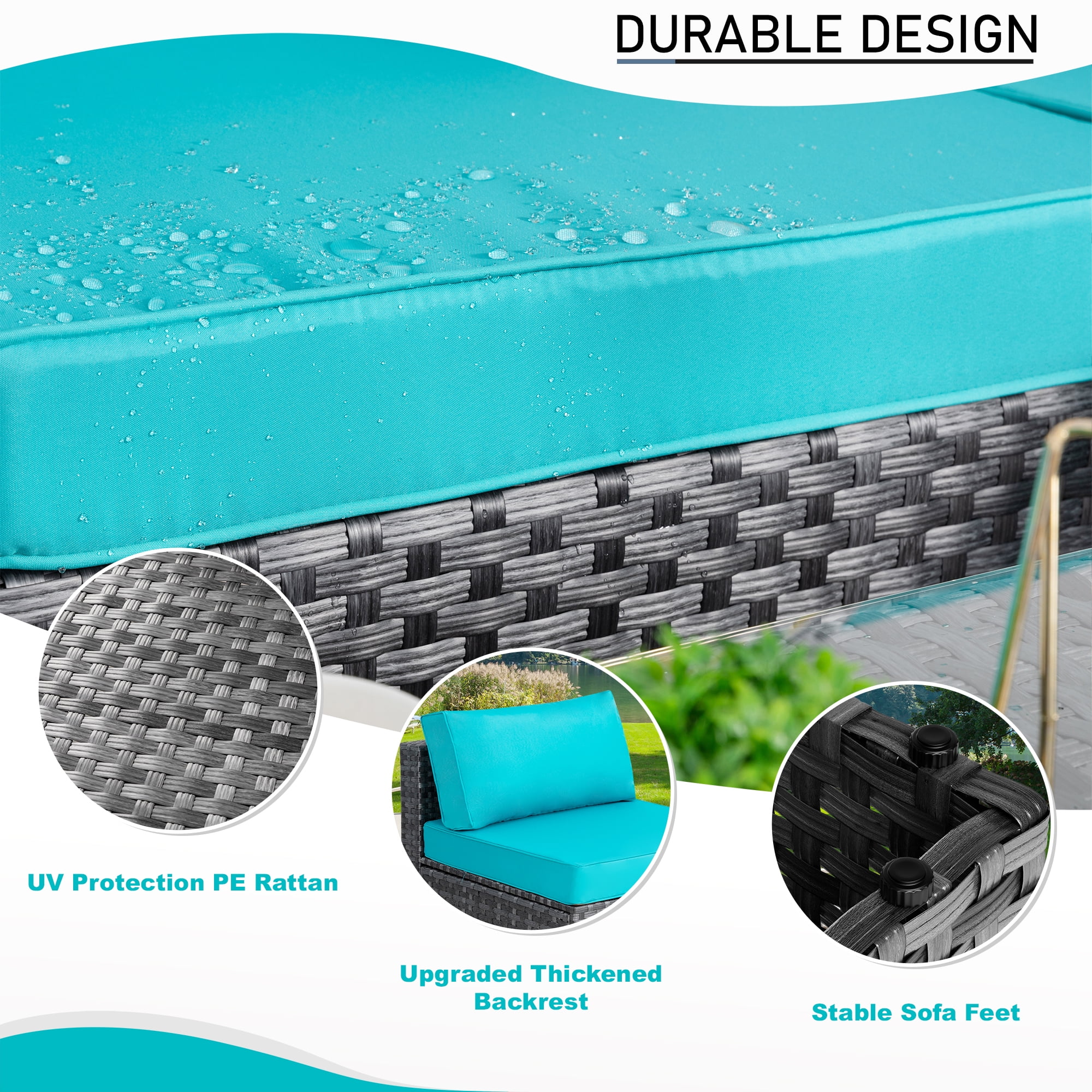 Walsunny 7 Piece Outdoor Patio Furniture Set, All-Weather PE Rattan Wicker Modular Sectional Conversation Sofa Set with Thick Cushions & Glass Coffee Table for Backyard, Poolside, Garden, Blue