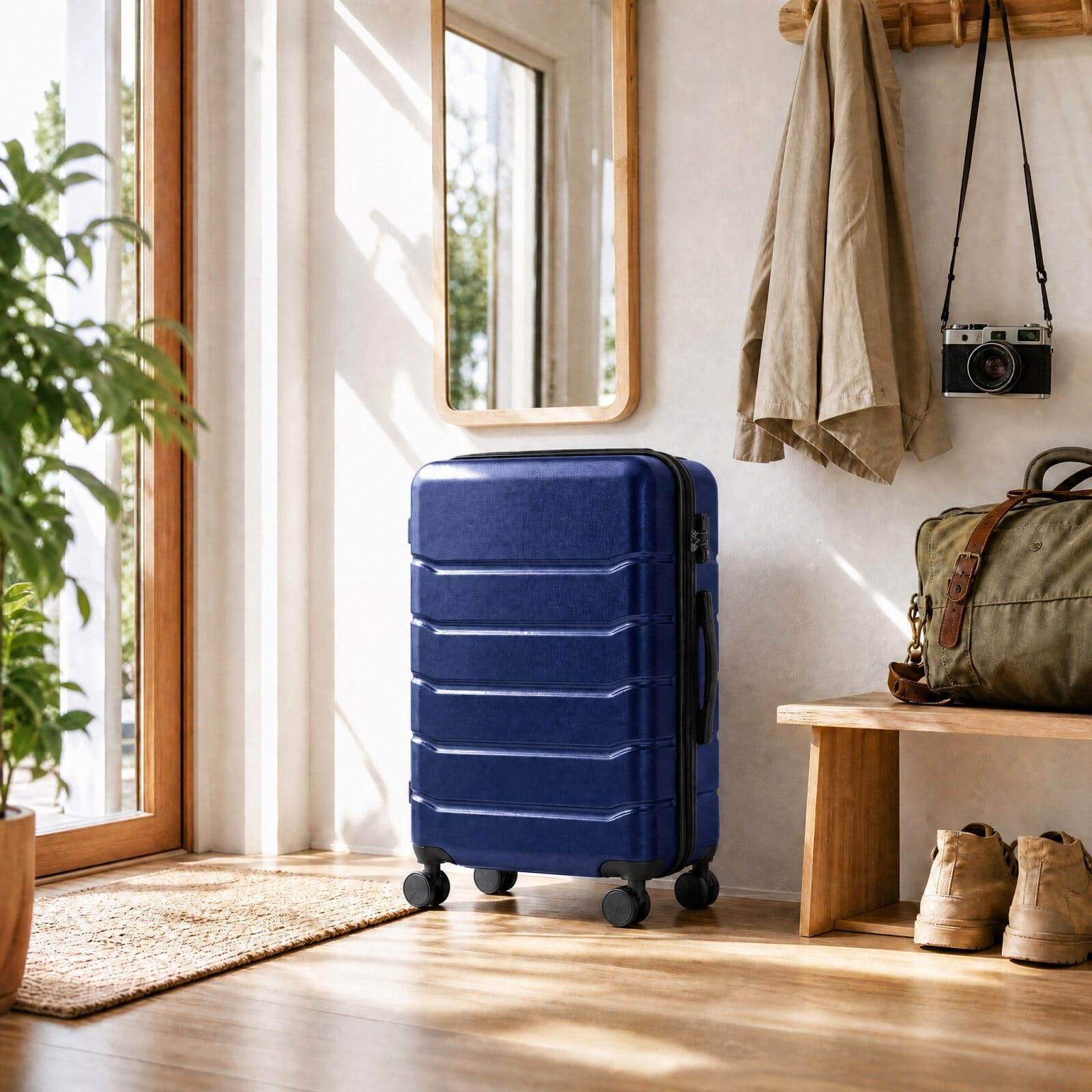 Kelno Medium Checked Luggage with Spinner Wheels ABS Hard Shell Suitcase Expandable Rolling Luggage with TSA Lock, Blue