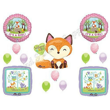 It's A Girl Woodland Friends Baby Shower Balloons Decoration Supplies Fox Chevron