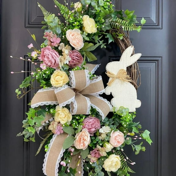 Spring Floral Wreath 16" Easter Welcome Sign Artificial Wreath for Front Door Wall Window Outdoor Decor