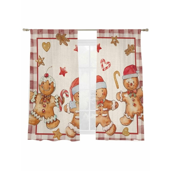 Christmas Vintage Sheer Curtains 2 Panels Set, Gingerbread Man Red Plaid Window Sheer Curtains for Living Room/Bedroom, Light Filtering Rod Pocket Voile Drapes, 52" W x 72" L