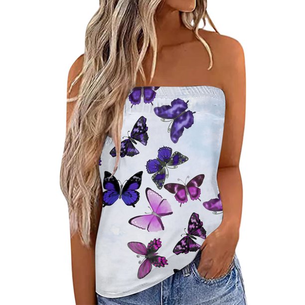 Playeras,Blusas y Tops,Ropa para Mujer Damas Camisetas Mujeres Pringting sin tirantes Bandeau Tank Casual sin mangas verano vacaciones suelta vacaciones Top camisa blusa mujeres Top (Purple, M)