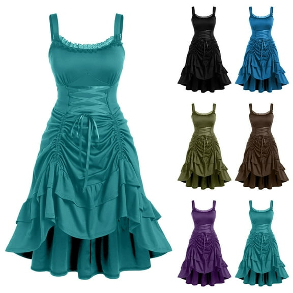 Wiyuqeen Women Renaissance Victoria Dress Sleeveless Solid Gothic Lace Lace-up Ruffled Cinched Ruched High Low Midi Dress Halloween Costume