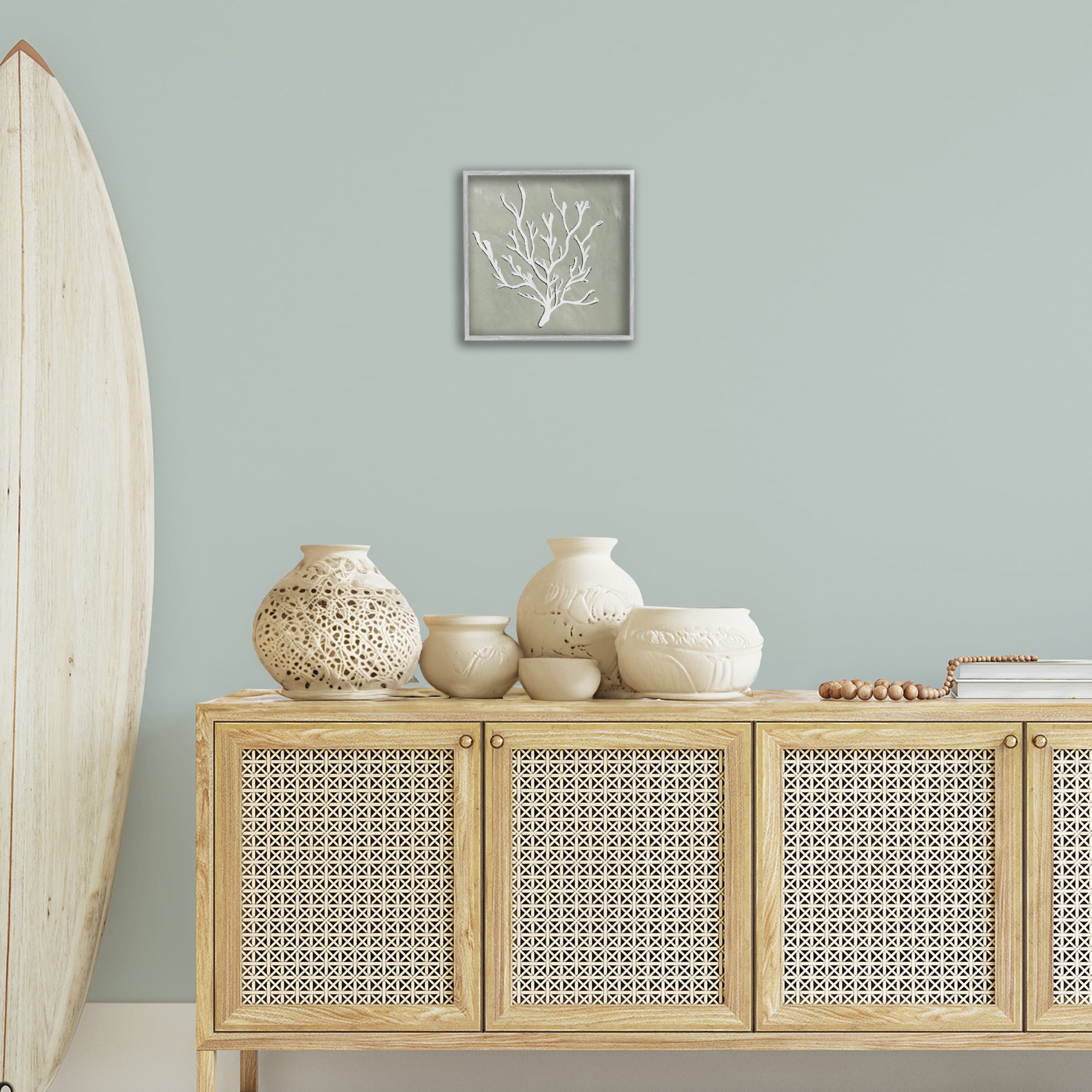 Stupell Industries White Coral Sprig Coastal Painting Gray Framed Art Print Wall Art, 12 x 12