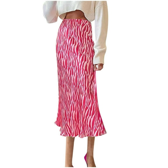 Aueoeo Skirt for Women Midi Skirt High Waist Elastic Casual Skirts Floral Printed Skirts Ruffle Flowy Skirt Hot Pink L