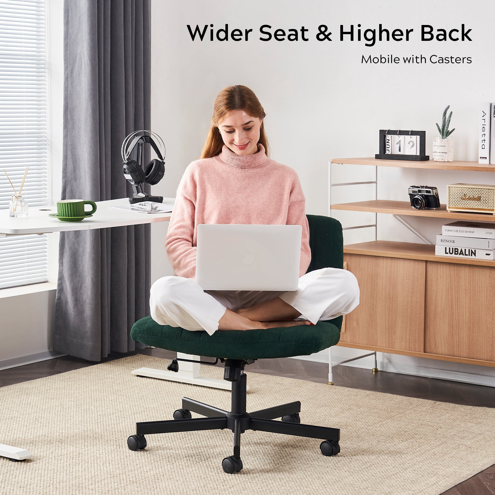 EYYTHUNG Wide Seat Crossleg Chair with Wheels, Velvet Home Office Computer Desk Chair, Swivel Side Vanity Chair Green for Girl, Dark Green