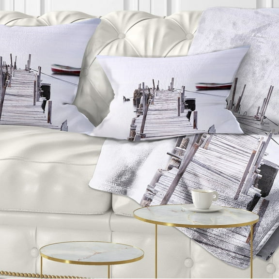 Designart Foggy Sea with Pier and Boats - Seascape Throw Pillow - 12x20