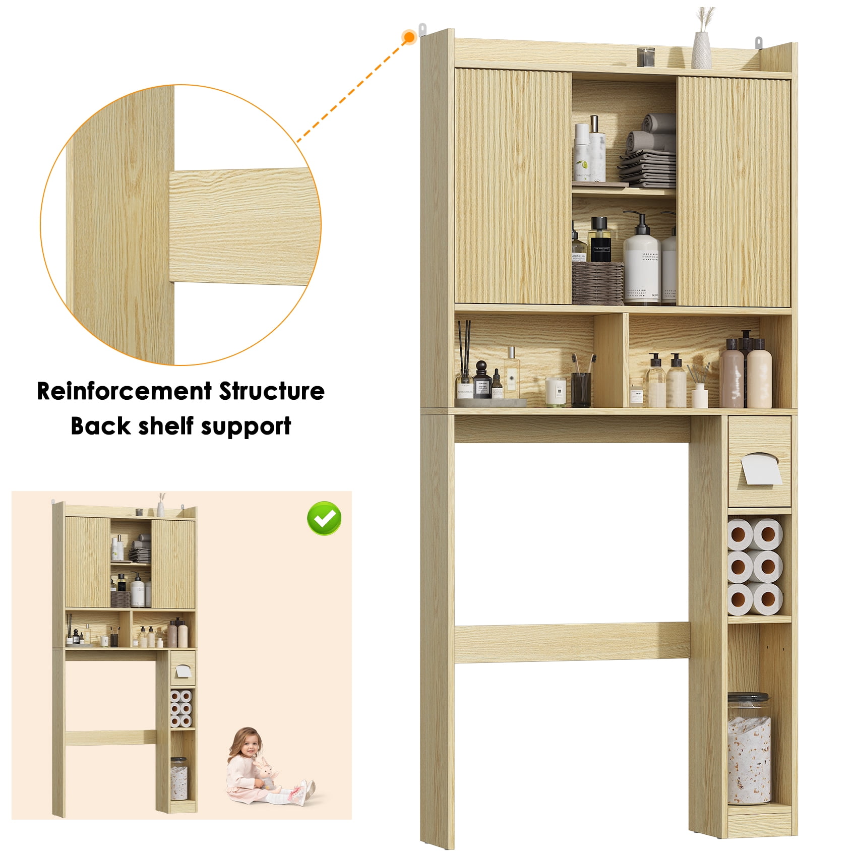 Frmobepts Over The Toilet Storage Cabinet with Toilet Paper Holder Stand, Above Toilet Organizer with Doors, Behind Toilet Shelf for Restroom, Bathroom, Laundry, Oak
