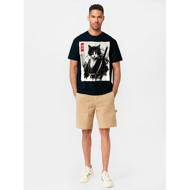 Camiseta retro de 220 g, 100 % algodón, con diseño de gato samurái, guerrero ukiyo-e, arte japonés, para adultos, hombres, mujeres, adolescentes, jóvenes y uso informal.