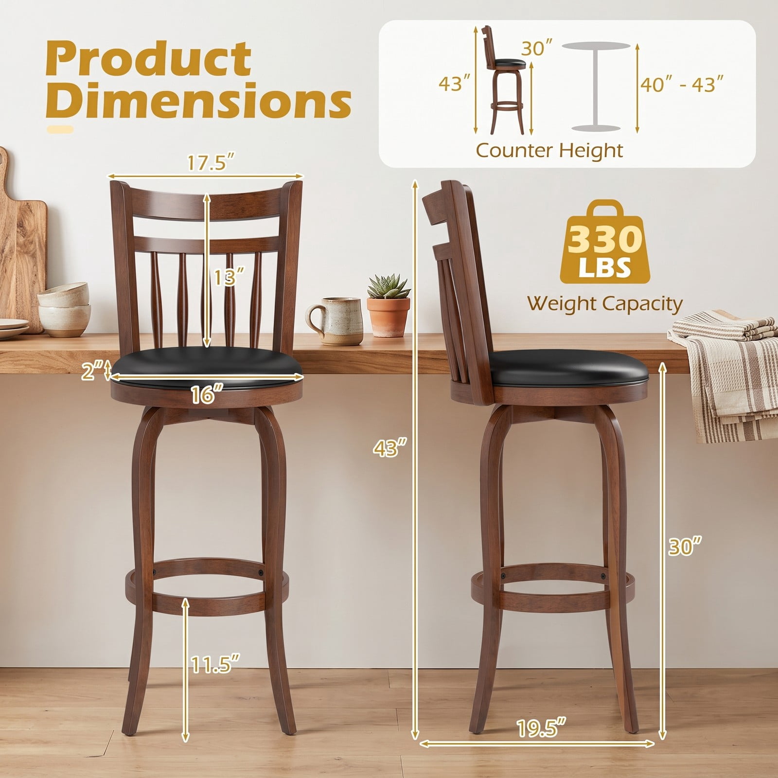 Furnibear Swivel Bar Stools Set of 2, 29 Inch Bar Height Faux Leather Upholstered Barstools with Curved Backrest and Footrest for Kitchen Island, Espresso and Black