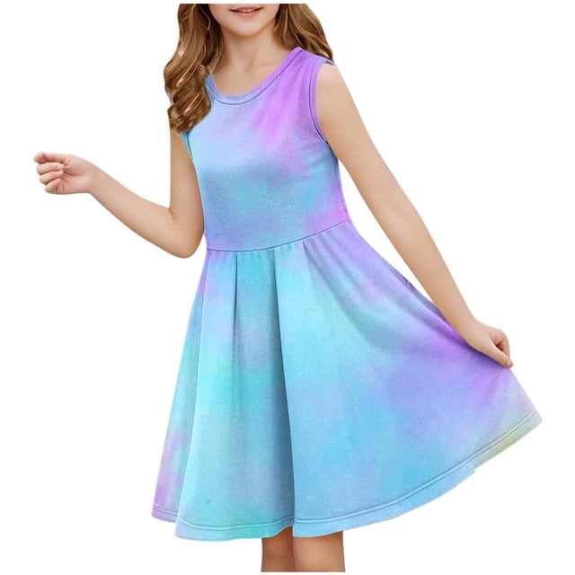 WRKEKC Robe d'Été pour Filles, Robe Décontractée pour Filles, Robe Sans Manches Extensible pour Filles, Robe de Récital d'École Patineuse à Manches Courtes Col Rond 13 Ans