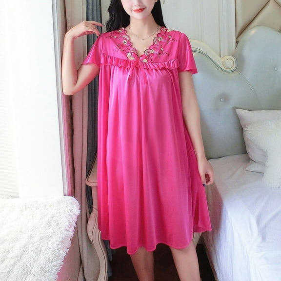 Women's Satin Nightgown On Sale Fashion Summer Solid Short V Neck Casual Sleeve Sleepshirts Nightdress Hot Pink Free Size