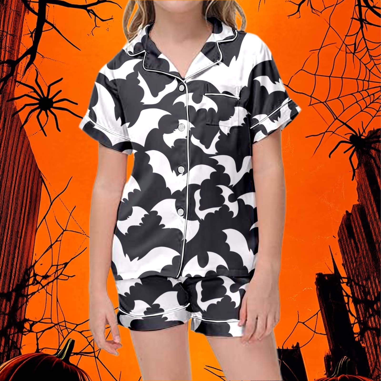 Pyjama Femme Halloween 2 Pièces - Haut Manches Longues Et Pantalon Imprimé Citrouille Chauve-souris, Confortable