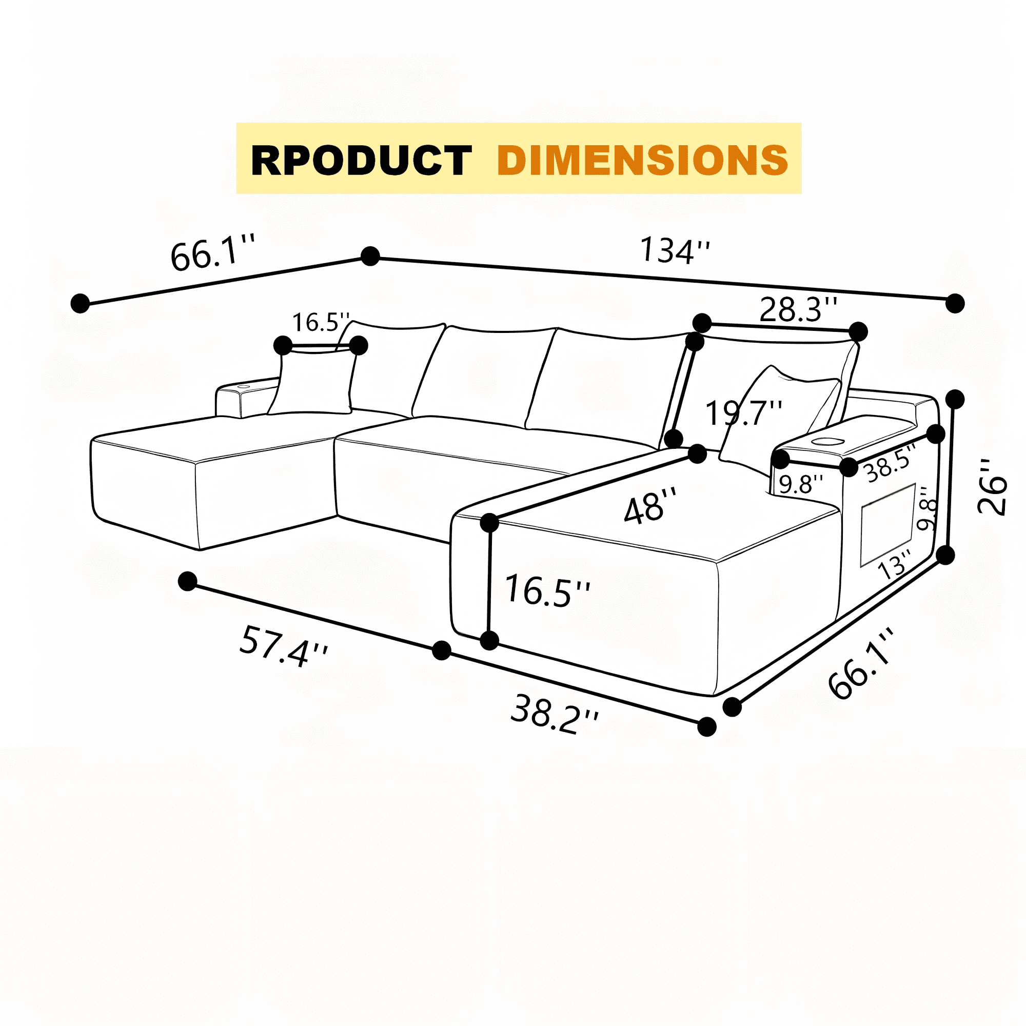 134" Cloud Sectional Sofa with U-Shape Chaise and Side Pockets and Cup holder, Modern Modular Design, No Assembly Required (Plush)Black