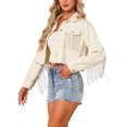 thumbnail image 4 of INSPIRE CHIC Women's Jacket Cropped Jean Fringe Long Sleeve Frayed Hem Tassel Trim Denim Jacket L Oyster White, 4 of 5