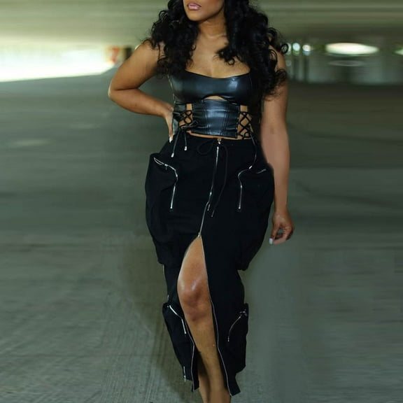 Ndbuld Vintage Denim Skirts for Women Women's Spring And Summer Work Dress Pocket Skirt Casual Mid-length Skirt Summer Clearance,Black,L