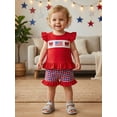 thumbnail image 4 of BemeyourBBs Toddler Baby Girls 4th of July Outfit Patriot Independent Day Clothes Fly Sleeve Embroidery American Flag Bow T Shirt Tops with Plaid Shorts Set Toddler Baby Girl Summer Outfit, 4 of 9