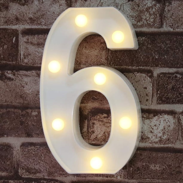 Pooqla Letras numéricas decorativas con luz LED, carpa de plástico blanco, luces numéricas, letrero para fiesta, decoración de boda, número con pilas (6)