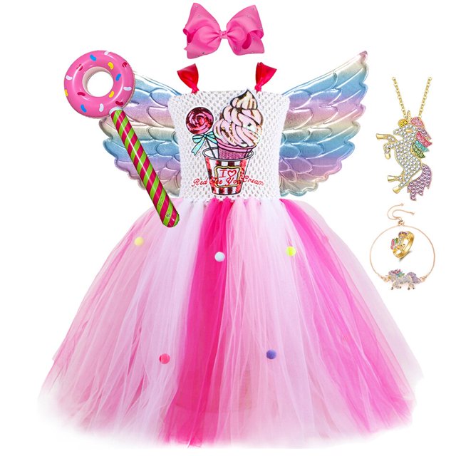 Vestido de tutú de caramelo de helado para niñas con lazo de pelo rosa para fiesta de cumpleaños de niña vestido de princesa de tul de boda vestido de carnaval para niños 2-3Y Gao Jinjia LED