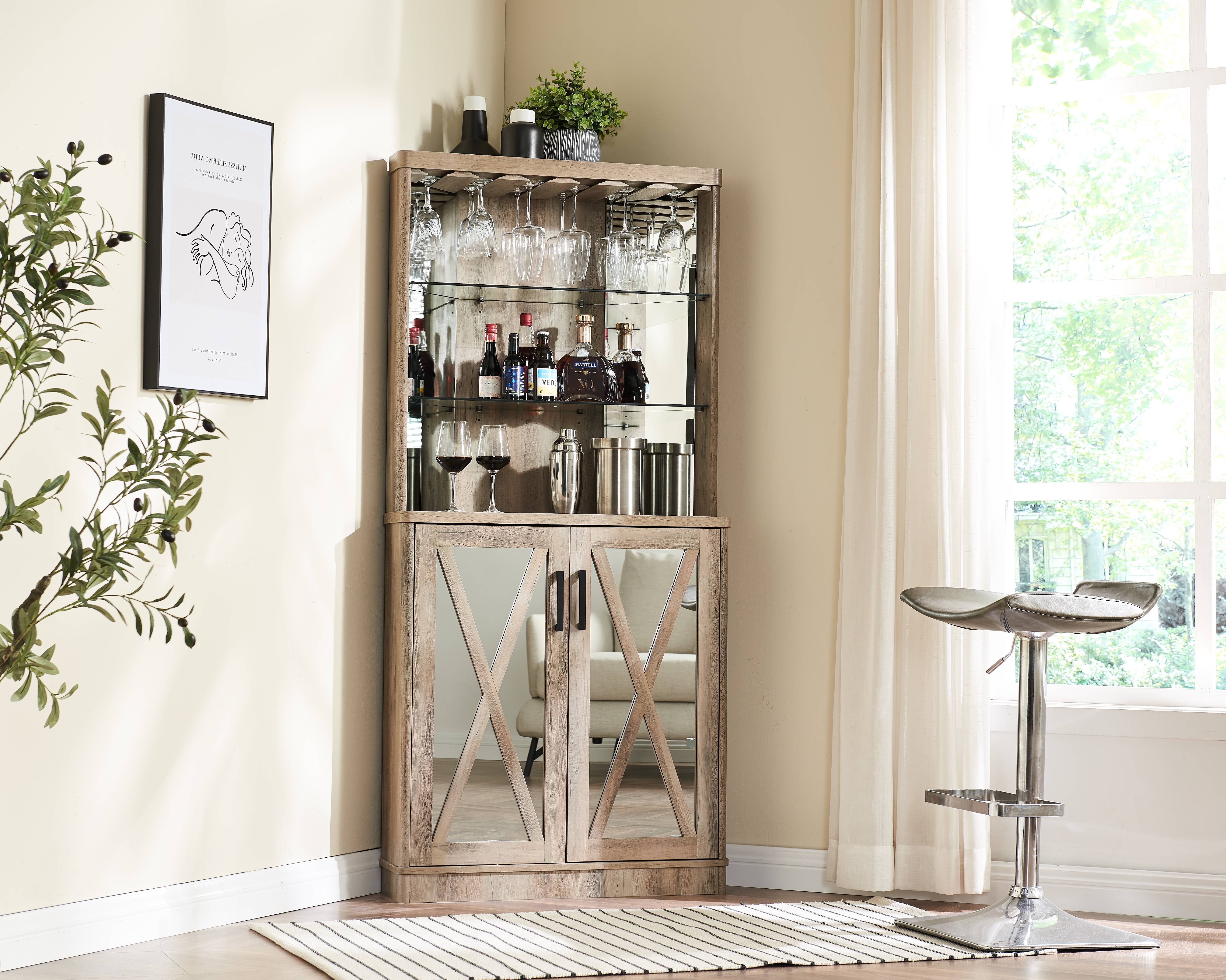 Gramercy Way Grey Wash Corner Bar with Mirrored Panels