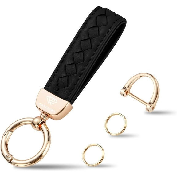 Genuine Leather Car Keychain, Handmade Knit Sheepskin Key chains for Women, Universal Key Fob Holder with 360 Degree Rotatable, Anti-Lost D-Ring, 2 Keyrings and 1 Screwdriver – Black