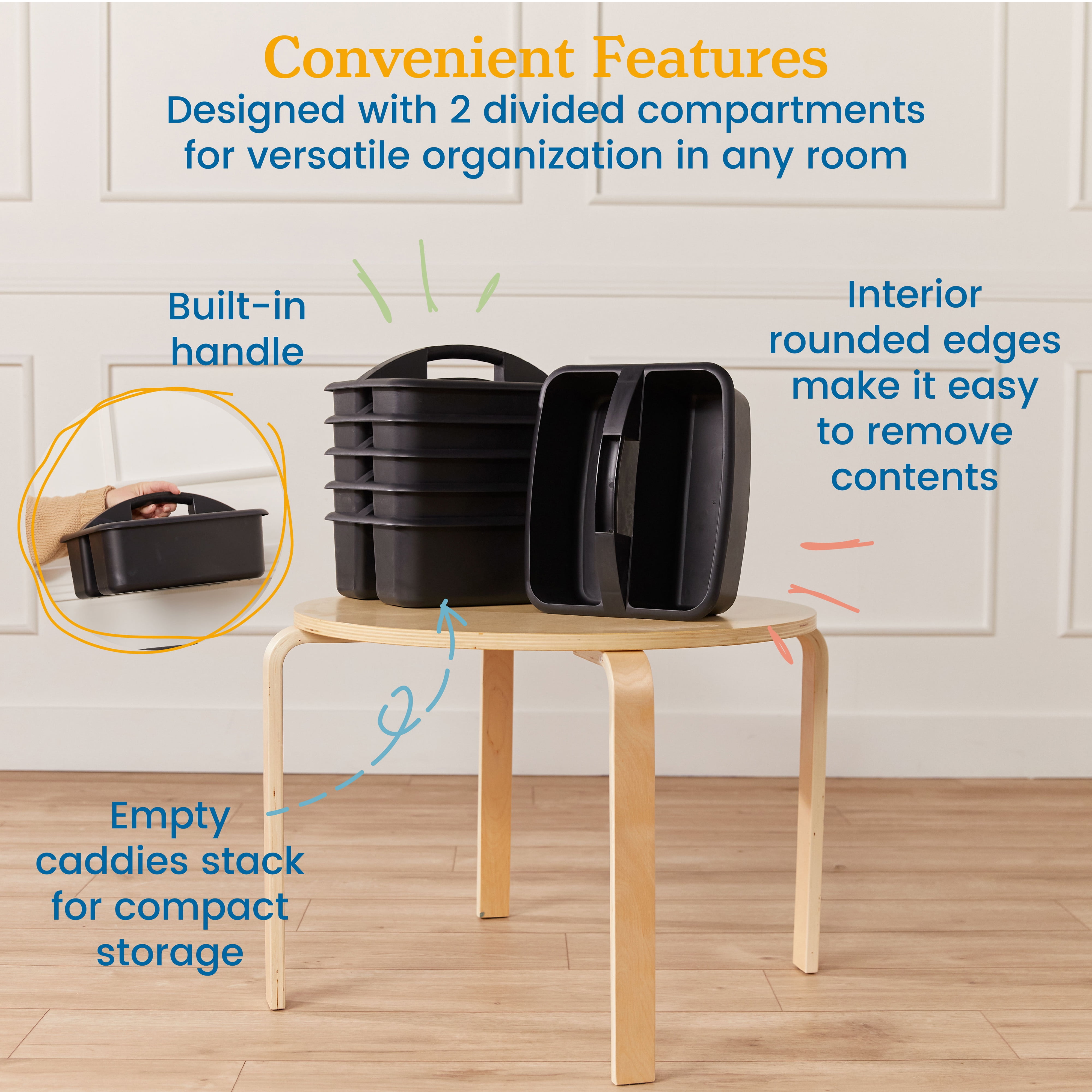 ECR4Kids 2-Compartment Large Plastic Caddy, Multipurpose Organization, Black, 6-Pack