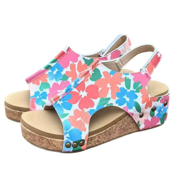 Bmisegm Women's Slope High Heel Sandals Flower Print Sandals Womens Sandals Summer Pink 8