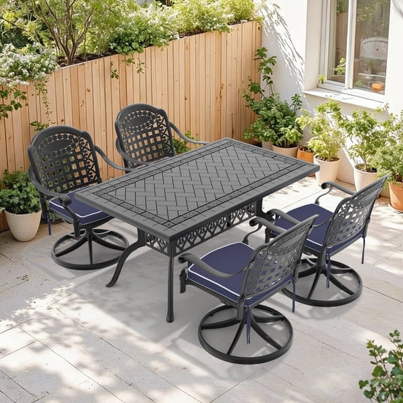 5-Piece All-Weather Cast Aluminum Dining Set, 4 Swivel Chairs & Rectangular Table, Black Frame, 350lbs Seat Capacity, Cushions Included, Outdoor Patio Furniture