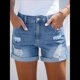 thumbnail image 5 of Shorts Vaqueros Desgastados de Tiro Medio-Alto para Mujer, con Bolsillos y Dobladillo Doblado, Informales, de Verano Azul L, 5 of 7